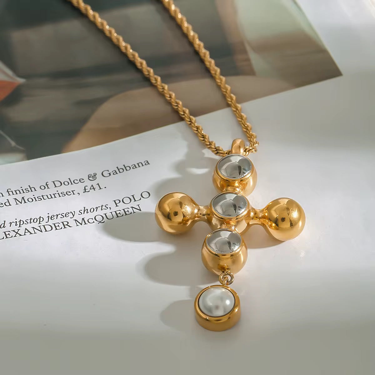 Glass Pearl Cross Necklace